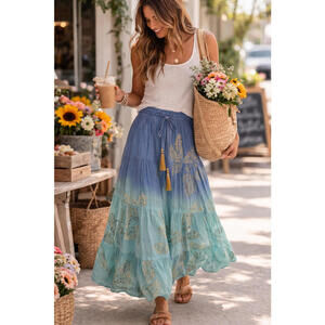 Rhea Foil & Leaf Skirt Aqua Blue Ombré NWT One Size 100% Cotton Boho Maxi